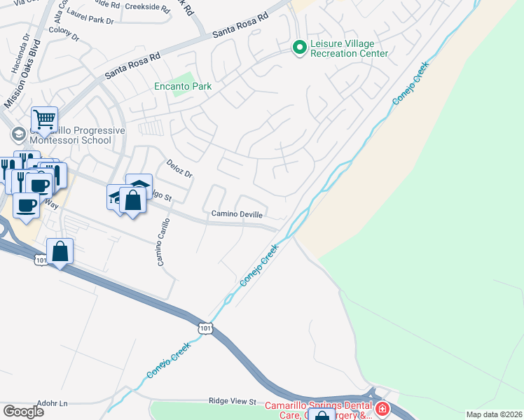 map of restaurants, bars, coffee shops, grocery stores, and more near 251 Calle Amorosa in Camarillo