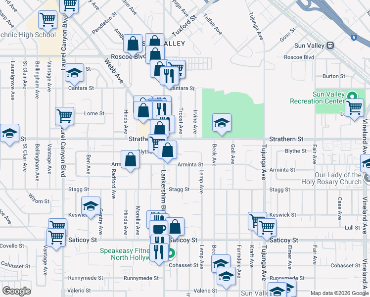 map of restaurants, bars, coffee shops, grocery stores, and more near 11641 Blythe Street in Los Angeles