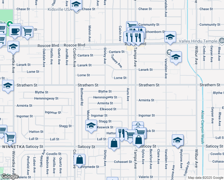 map of restaurants, bars, coffee shops, grocery stores, and more near 19431 Blythe Street in Los Angeles