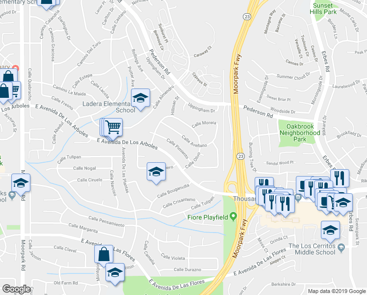 map of restaurants, bars, coffee shops, grocery stores, and more near 1367 Calle Pimiento in Thousand Oaks