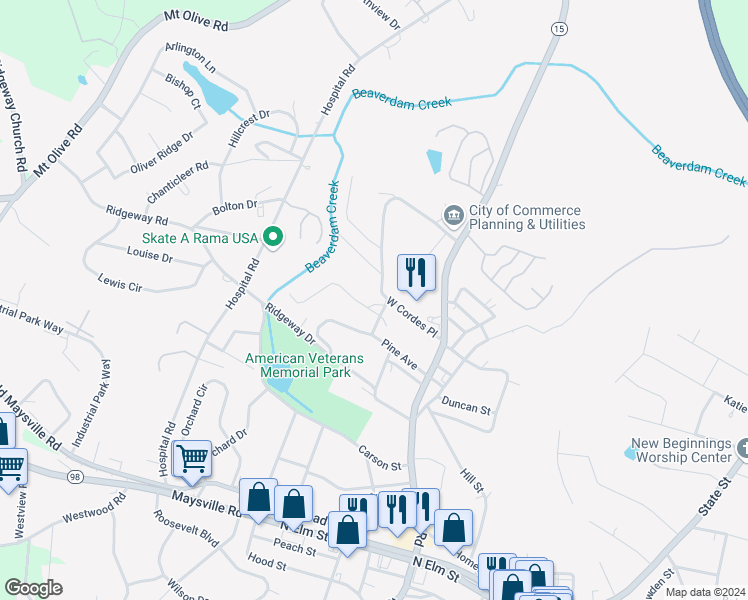 map of restaurants, bars, coffee shops, grocery stores, and more near 44 Woodbine Street in Commerce