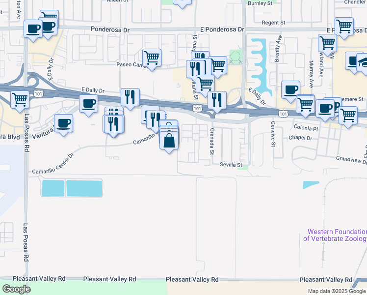 map of restaurants, bars, coffee shops, grocery stores, and more near 154 Hughes Drive in Camarillo