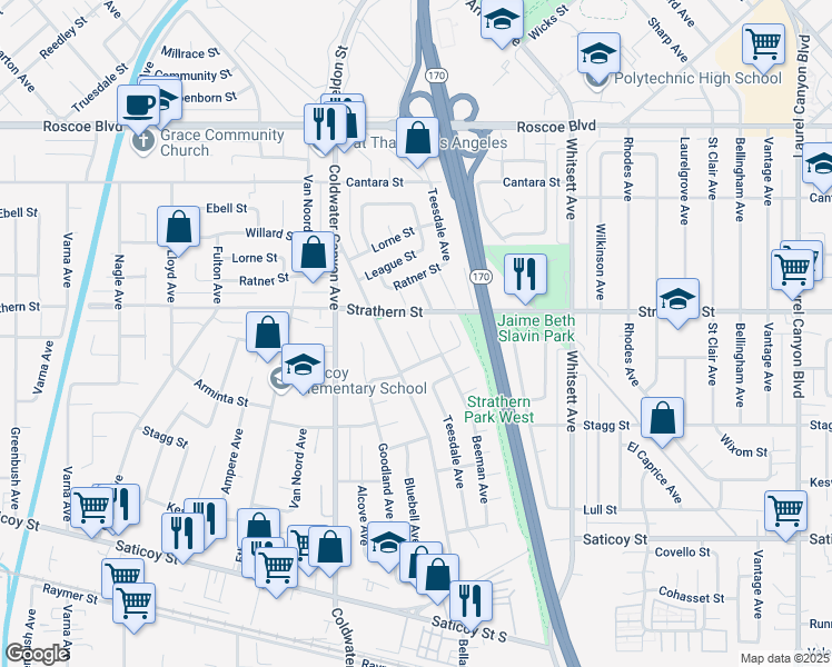 map of restaurants, bars, coffee shops, grocery stores, and more near 7930 Teesdale Ave in Los Angeles