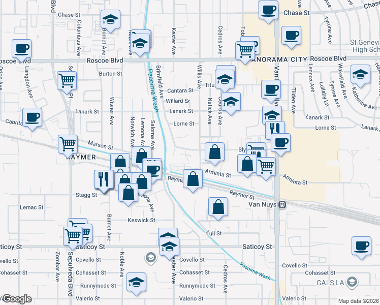 map of restaurants, bars, coffee shops, grocery stores, and more near 14820 Blythe Street in Los Angeles