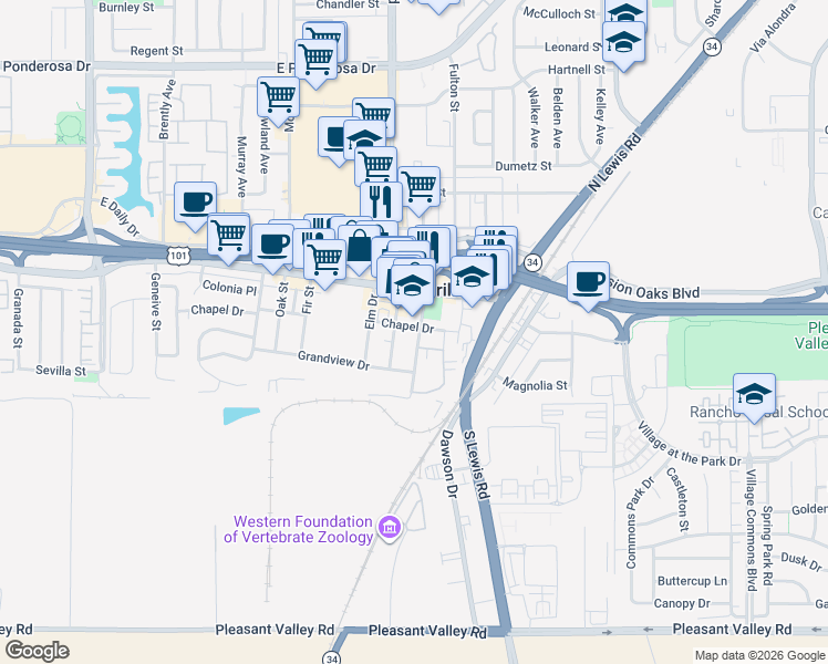 map of restaurants, bars, coffee shops, grocery stores, and more near 106 Palm Drive in Camarillo