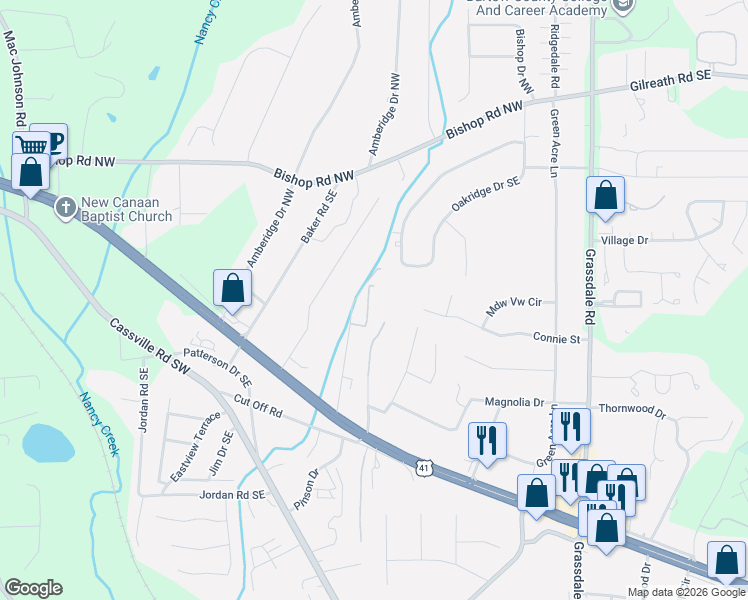 map of restaurants, bars, coffee shops, grocery stores, and more near 102 Jackson Drive Southeast in Cartersville