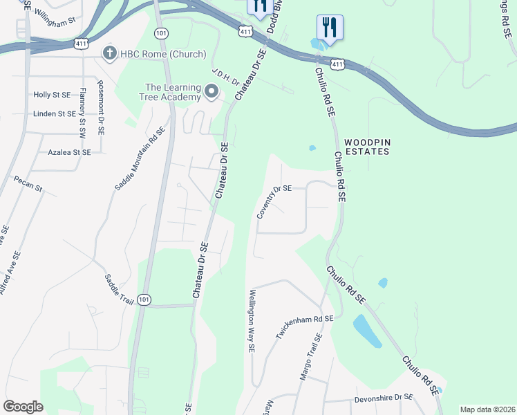map of restaurants, bars, coffee shops, grocery stores, and more near 18 Coventry Drive Southeast in Rome
