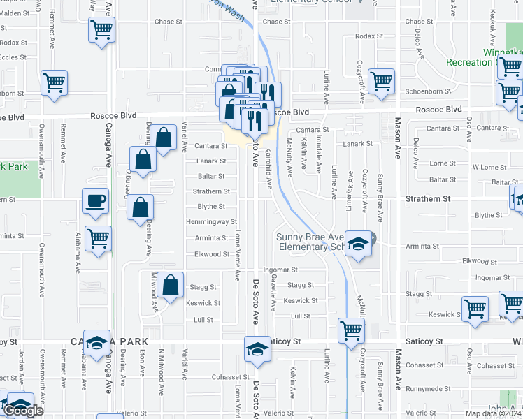 map of restaurants, bars, coffee shops, grocery stores, and more near 7942 De Soto Avenue in Los Angeles