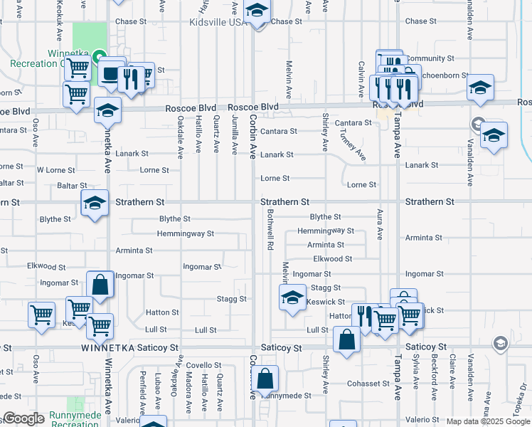 map of restaurants, bars, coffee shops, grocery stores, and more near 7943 Bothwell Road in Los Angeles