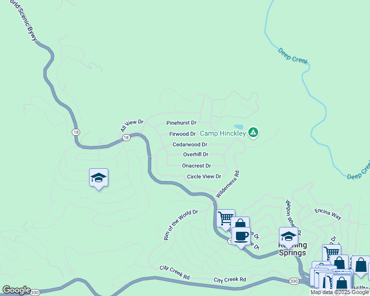 map of restaurants, bars, coffee shops, grocery stores, and more near 31397 Cedarwood Drive in Running Springs