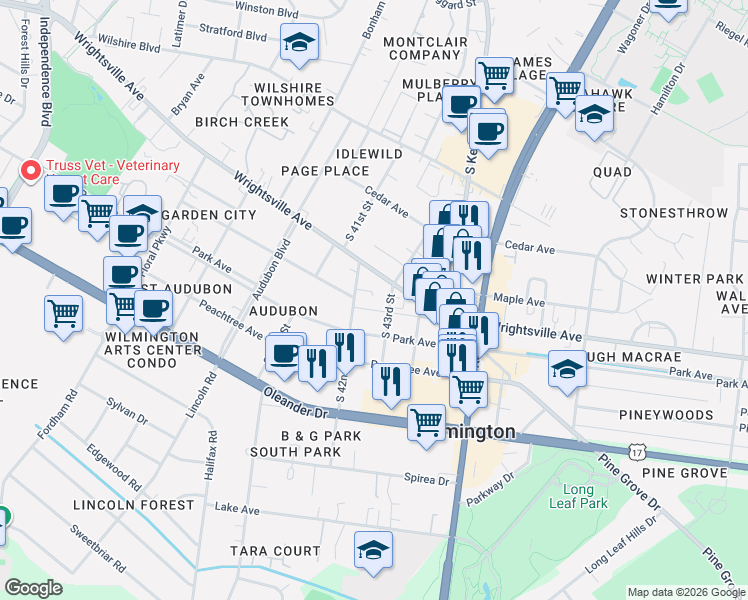 map of restaurants, bars, coffee shops, grocery stores, and more near 4205 Departure Court in Wilmington