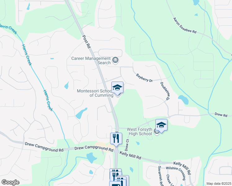 map of restaurants, bars, coffee shops, grocery stores, and more near 4545 Canterbury Court in Cumming