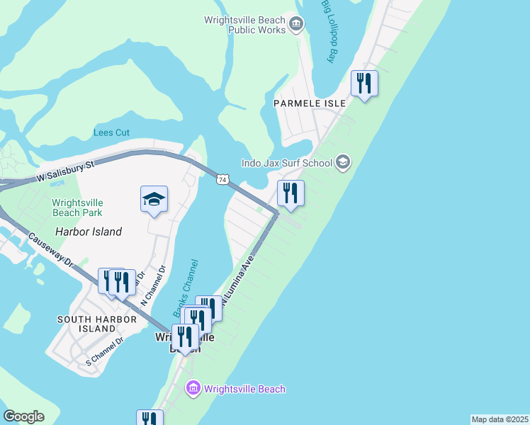 map of restaurants, bars, coffee shops, grocery stores, and more near 8 East Greensboro Street in Wrightsville Beach