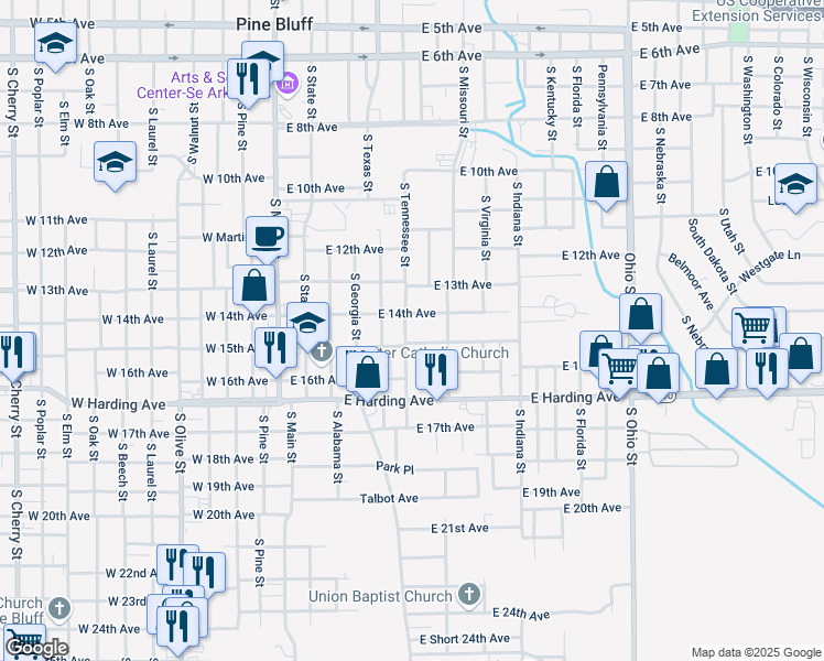 map of restaurants, bars, coffee shops, grocery stores, and more near 1407 South Tennessee Street in Pine Bluff