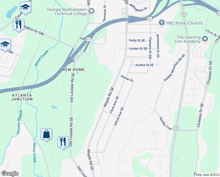 map of restaurants, bars, coffee shops, grocery stores, and more near 2700 Maple Road Southeast in Rome