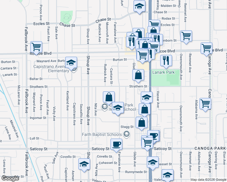 map of restaurants, bars, coffee shops, grocery stores, and more near 7944 Moorcroft Avenue in Los Angeles