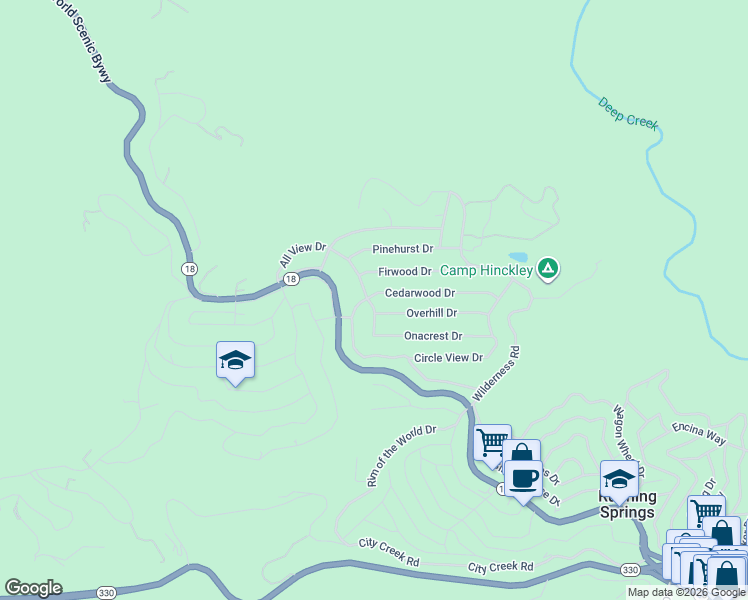 map of restaurants, bars, coffee shops, grocery stores, and more near 31309 Cedarwood Drive in Running Springs