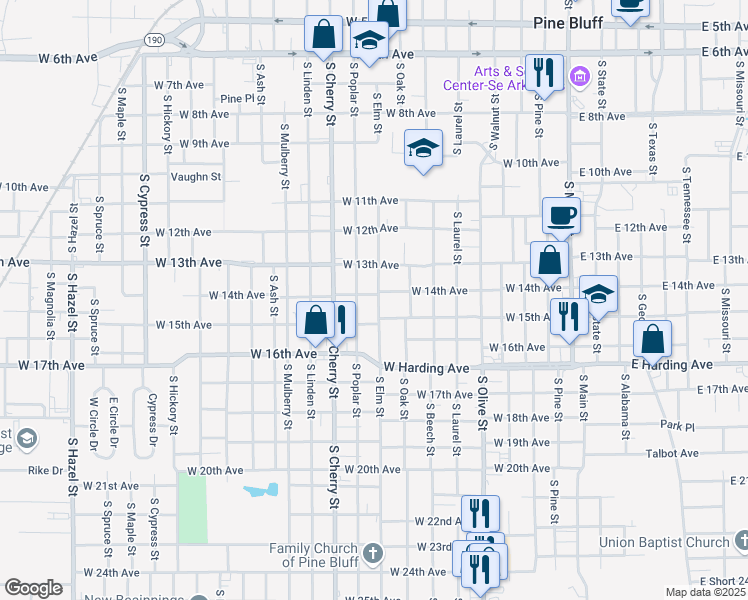 map of restaurants, bars, coffee shops, grocery stores, and more near 1400 South Elm Street in Pine Bluff