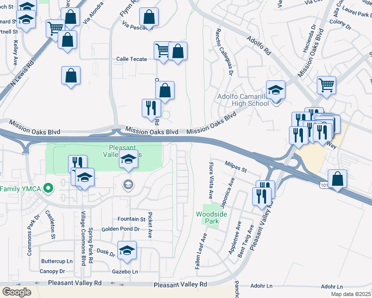 map of restaurants, bars, coffee shops, grocery stores, and more near 31 Via Paloma in Camarillo