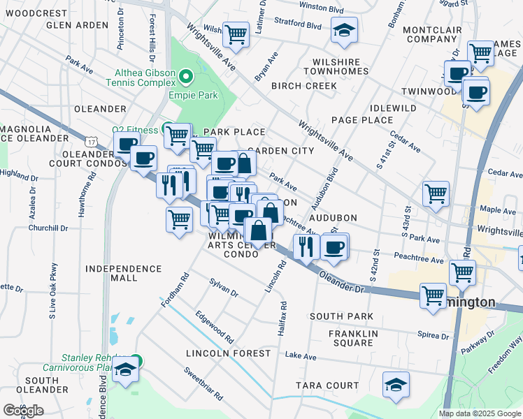 map of restaurants, bars, coffee shops, grocery stores, and more near 3810 Peachtree Avenue in Wilmington