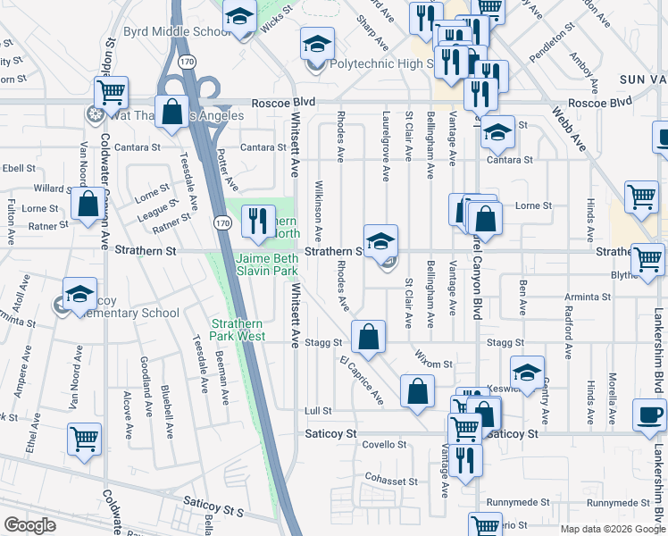 map of restaurants, bars, coffee shops, grocery stores, and more near 7941 Rhodes Avenue in Los Angeles