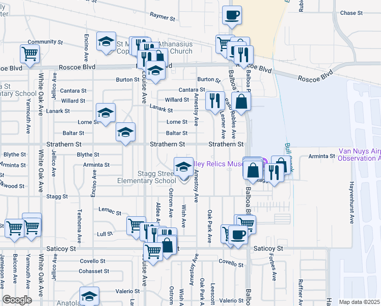 map of restaurants, bars, coffee shops, grocery stores, and more near 7938 Wish Avenue in Los Angeles