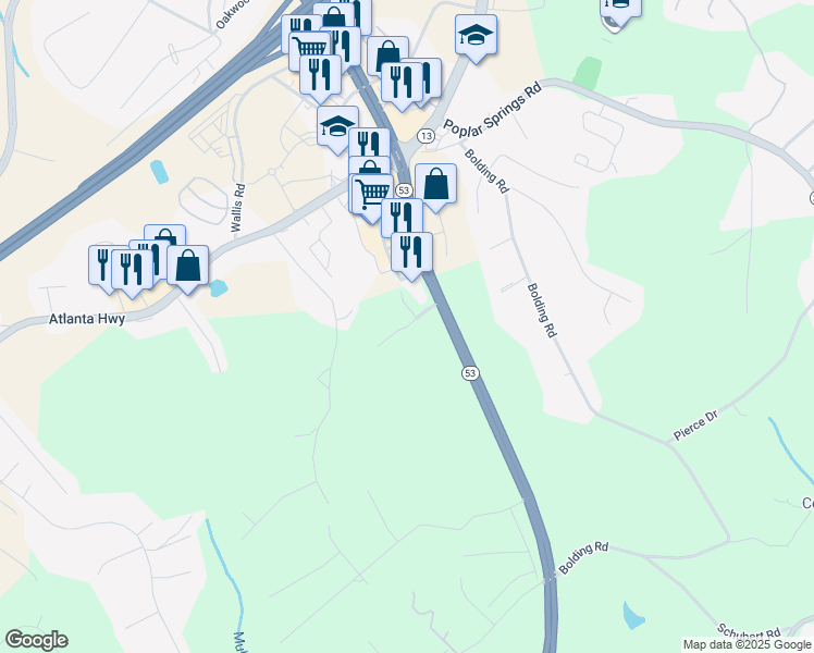 map of restaurants, bars, coffee shops, grocery stores, and more near Cedar Ridge Drive in Flowery Branch