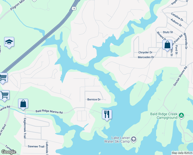 map of restaurants, bars, coffee shops, grocery stores, and more near 2220 Peachtree Road in Cumming