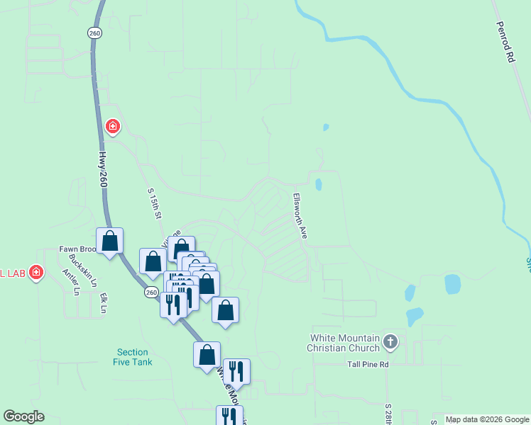 map of restaurants, bars, coffee shops, grocery stores, and more near 3891 South Mule Skinner in Show Low
