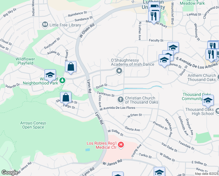 map of restaurants, bars, coffee shops, grocery stores, and more near 2180 Sirius Street in Thousand Oaks