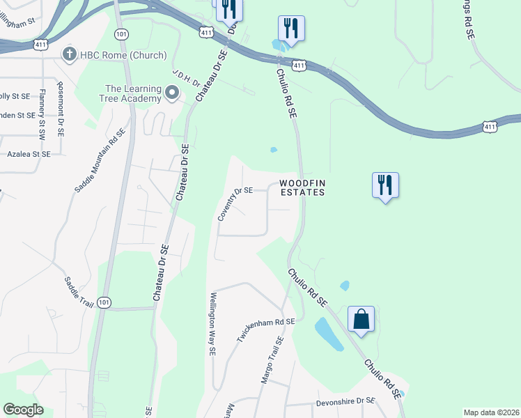map of restaurants, bars, coffee shops, grocery stores, and more near 20 Cumberland Dr SE in Rome