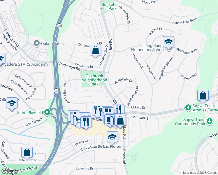 map of restaurants, bars, coffee shops, grocery stores, and more near 2697 Rikkard Drive in Thousand Oaks