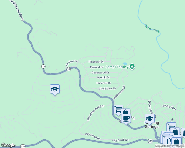 map of restaurants, bars, coffee shops, grocery stores, and more near 31309 Cedarwood Drive in Running Springs