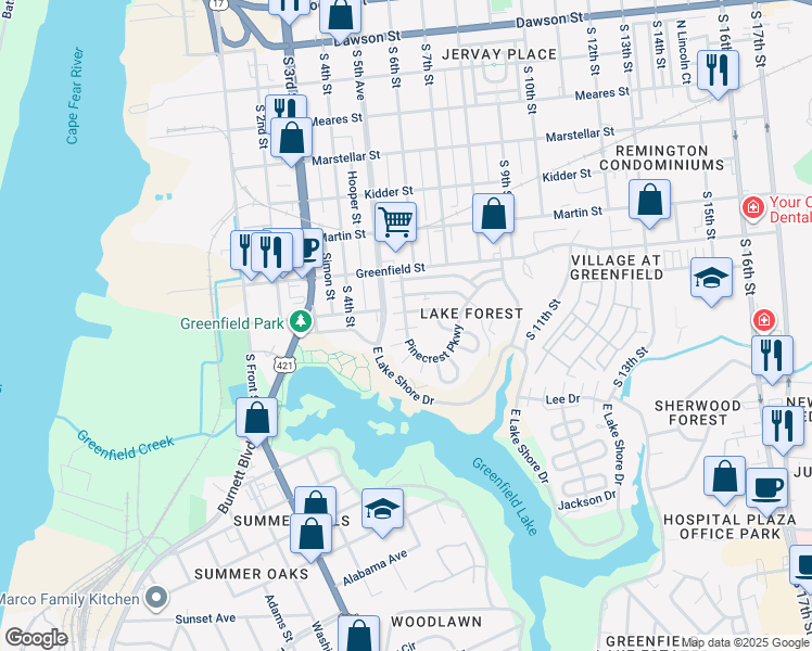 map of restaurants, bars, coffee shops, grocery stores, and more near 31 Pinecrest Parkway in Wilmington
