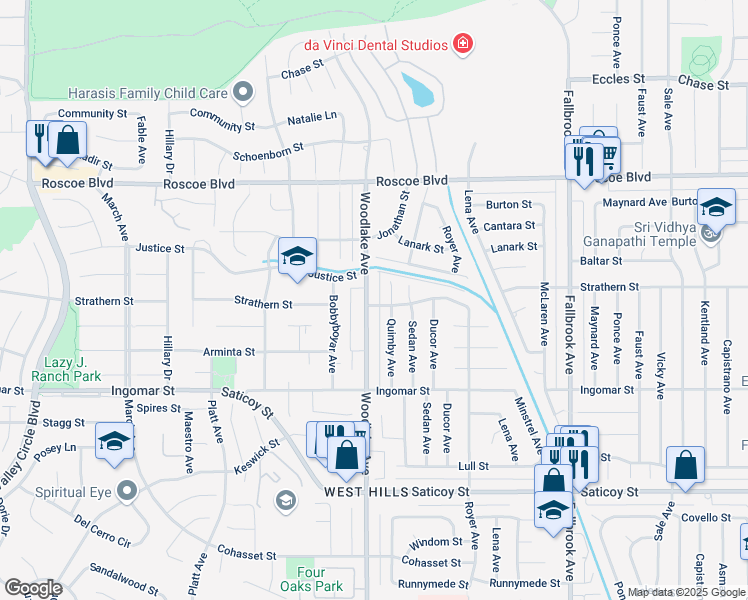 map of restaurants, bars, coffee shops, grocery stores, and more near 23139 Strathern Street in Los Angeles