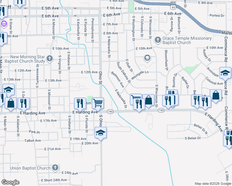 map of restaurants, bars, coffee shops, grocery stores, and more near 1406 South Nebraska Street in Pine Bluff