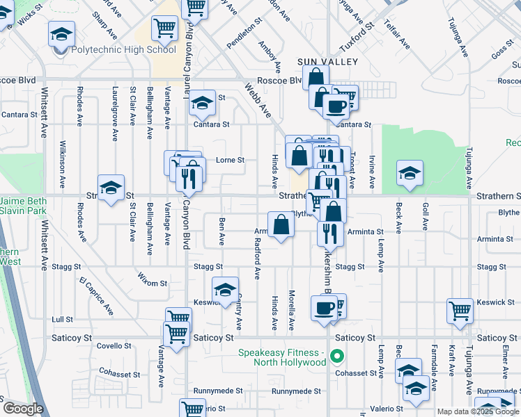 map of restaurants, bars, coffee shops, grocery stores, and more near 7938 Radford Avenue in Los Angeles