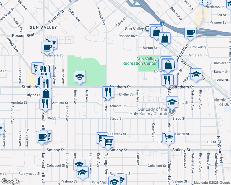 map of restaurants, bars, coffee shops, grocery stores, and more near 11327 Blythe Street in Los Angeles