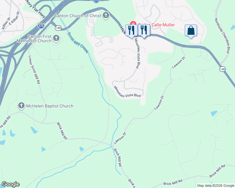 map of restaurants, bars, coffee shops, grocery stores, and more near 198 Mountain Vista Blvd in Canton
