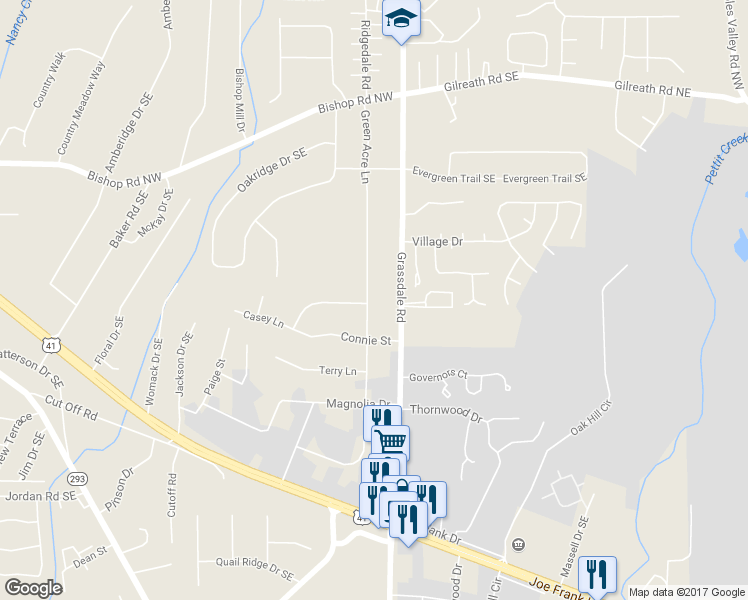 map of restaurants, bars, coffee shops, grocery stores, and more near 209 Green Acre Lane in Cartersville
