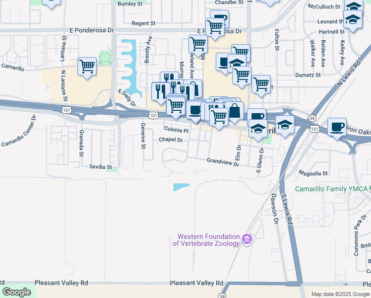 map of restaurants, bars, coffee shops, grocery stores, and more near 155 Cedar Drive in Camarillo