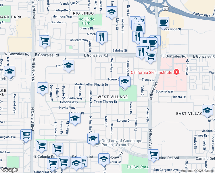 map of restaurants, bars, coffee shops, grocery stores, and more near 1341 Opalo Drive in Oxnard