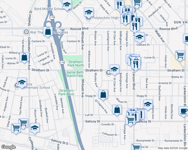 map of restaurants, bars, coffee shops, grocery stores, and more near 7941 Rhodes Avenue in Los Angeles