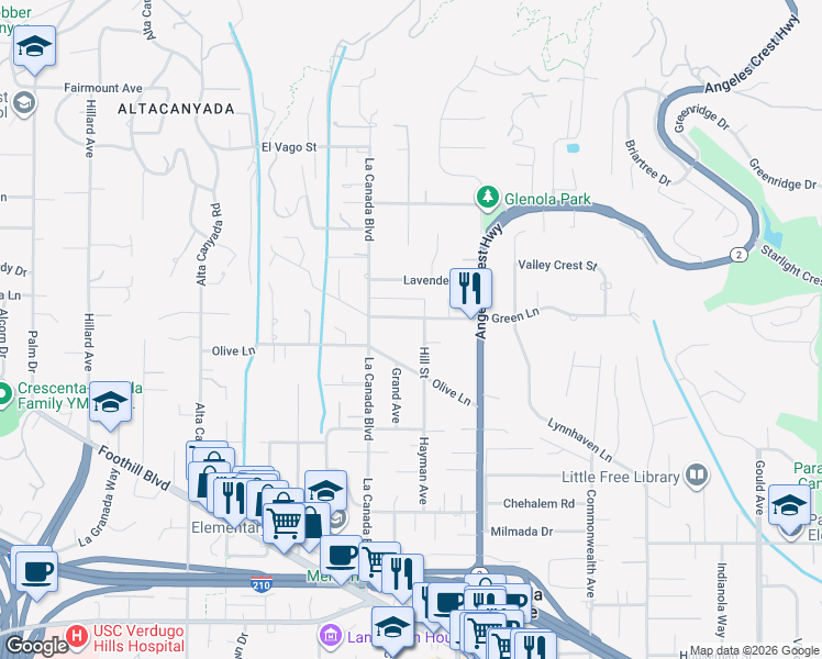 map of restaurants, bars, coffee shops, grocery stores, and more near 5041 Hill Street in La Cañada Flintridge