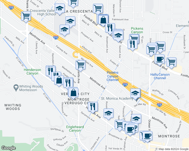 map of restaurants, bars, coffee shops, grocery stores, and more near 2656 Fairway Avenue in Glendale