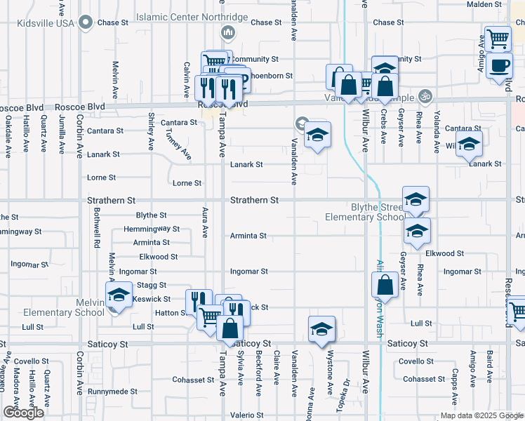 map of restaurants, bars, coffee shops, grocery stores, and more near 19154 Strathern Street in Los Angeles