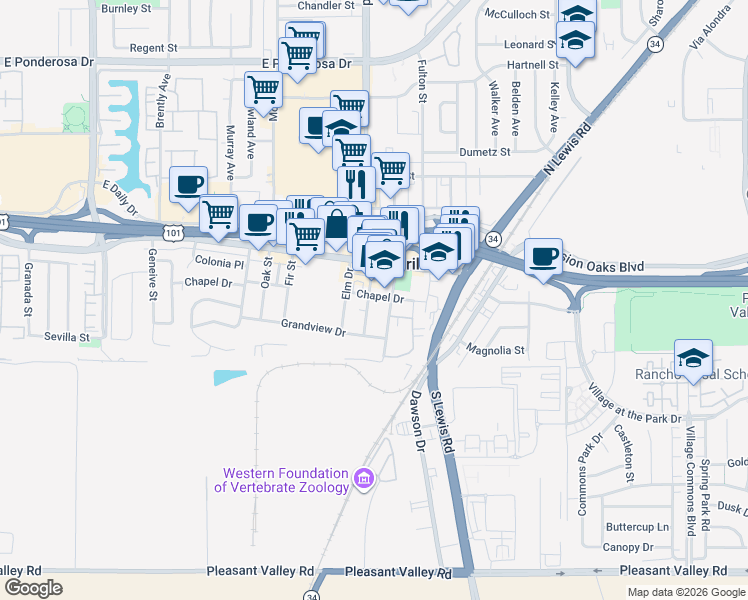 map of restaurants, bars, coffee shops, grocery stores, and more near 106 Palm Drive in Camarillo