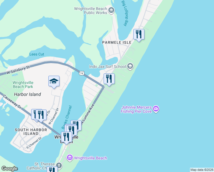 map of restaurants, bars, coffee shops, grocery stores, and more near 11 East Salisbury Street in Wrightsville Beach