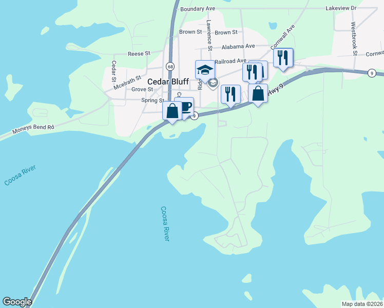 map of restaurants, bars, coffee shops, grocery stores, and more near 5160 Sewell Ferry Road in Cedar Bluff