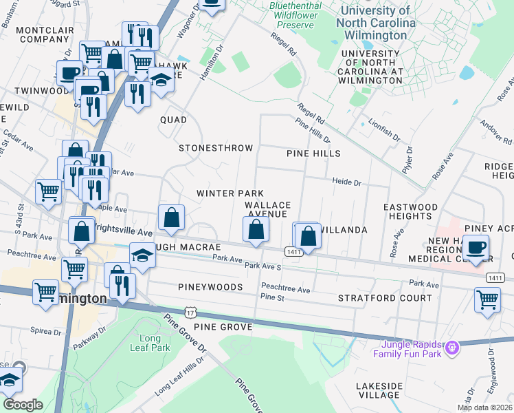 map of restaurants, bars, coffee shops, grocery stores, and more near 227 North Wallace Avenue in Wilmington